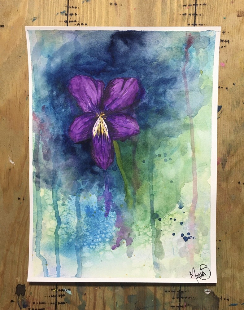 Maria Scalf Flower Floral Abstract Botanical Violet Watercolor Signed Art 9x12