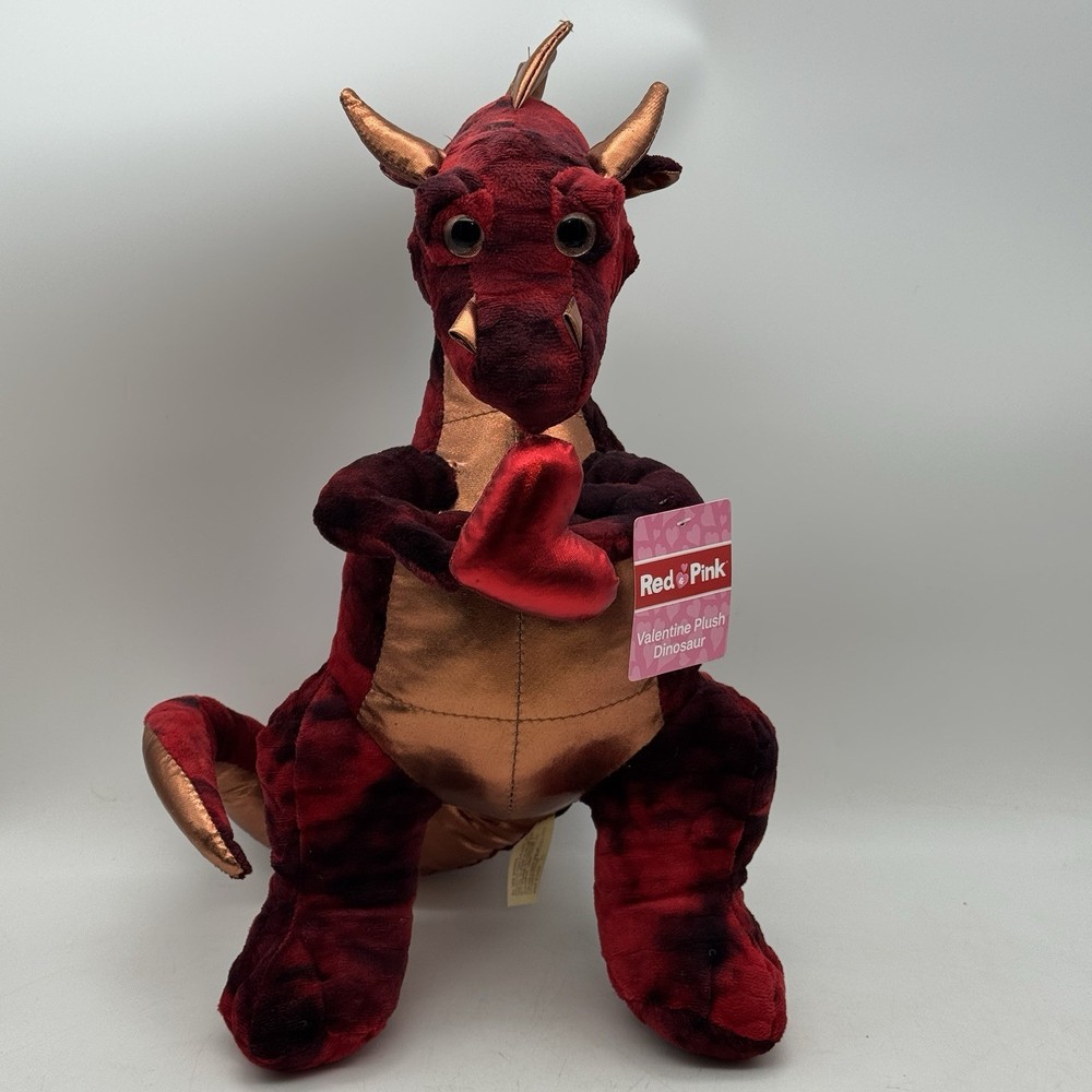 DAN DEE Red & Gold Metallic Mythical Dragon Valentine Plush Dinosaur Golden Eyes