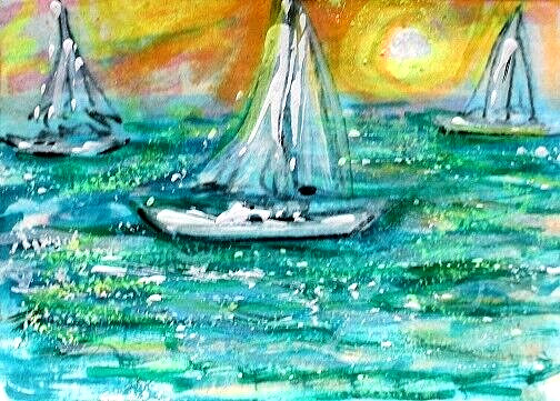 ACEO Original Painting Sunset SAILBOATS Summer Ocean Sea Sun Boats Seascape ART