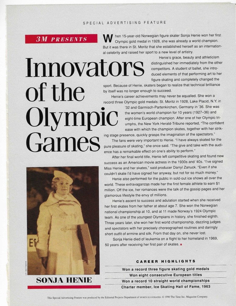 Olympic Gold Sonja Henie   3M  Original Print Ad