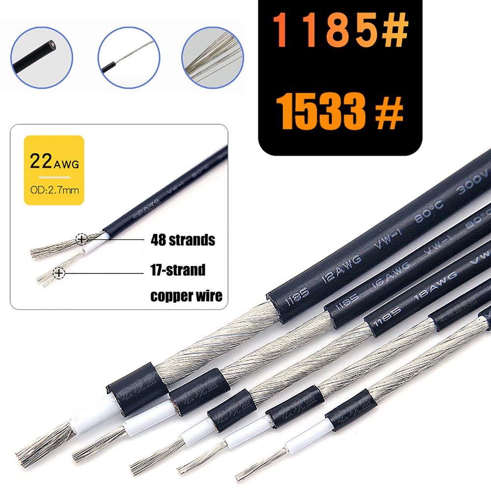 Single Core Shield Wire 28/26/24/22 - 14AWG Audio Cable UL1533 UL1185 Black/Grey
