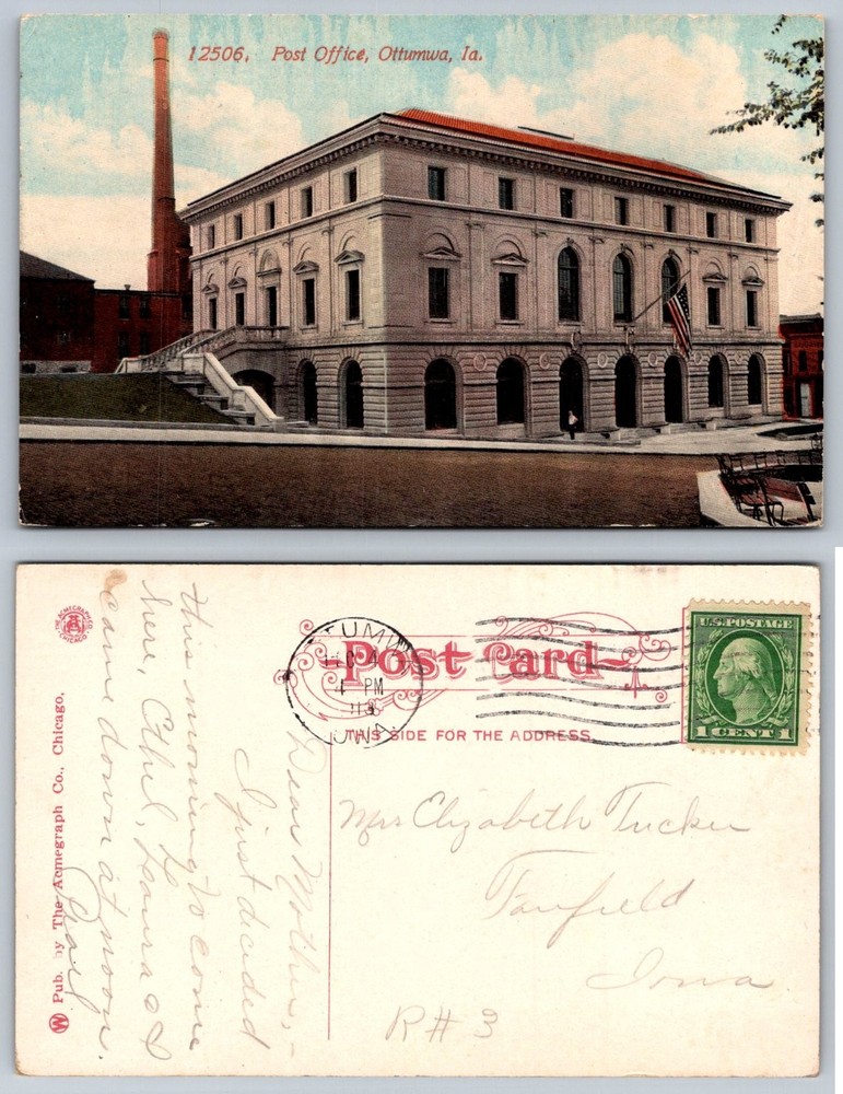 Vintage Post Office Ottumwa Iowa Postcard 1913 US Flag Acmeograph Divided Back