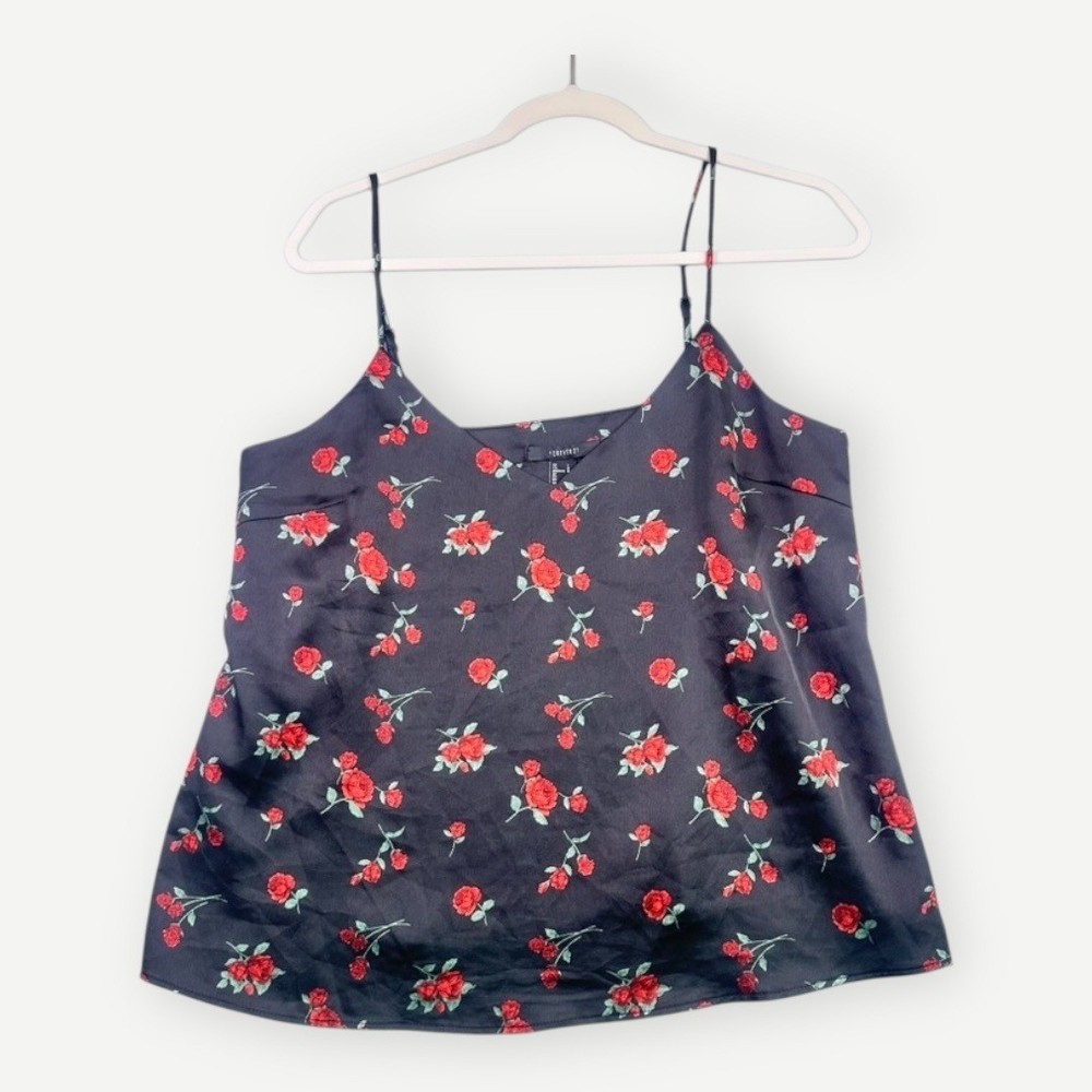 Forever 21 Black Floral Cami Tank Top Adjustable Straps Size L