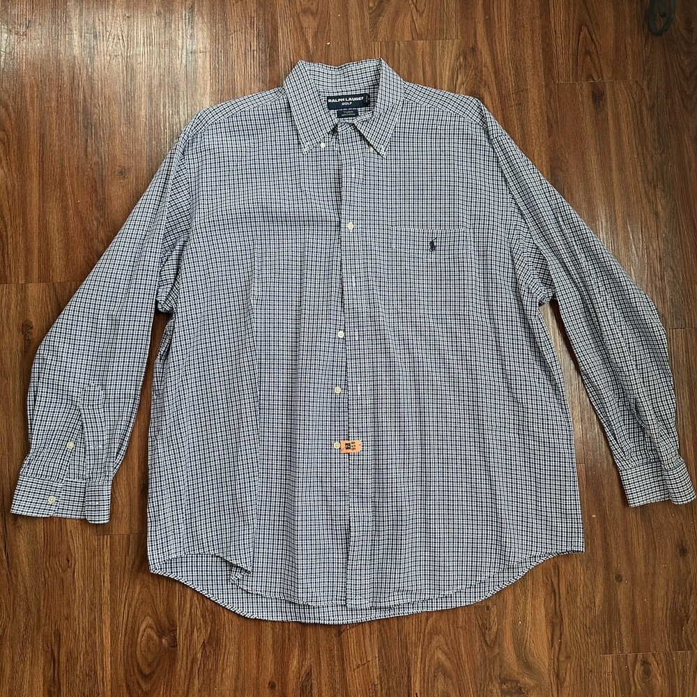 Vintage Ralph Lauren Men's XL Navy Gingham Golf Button Down Shirt
