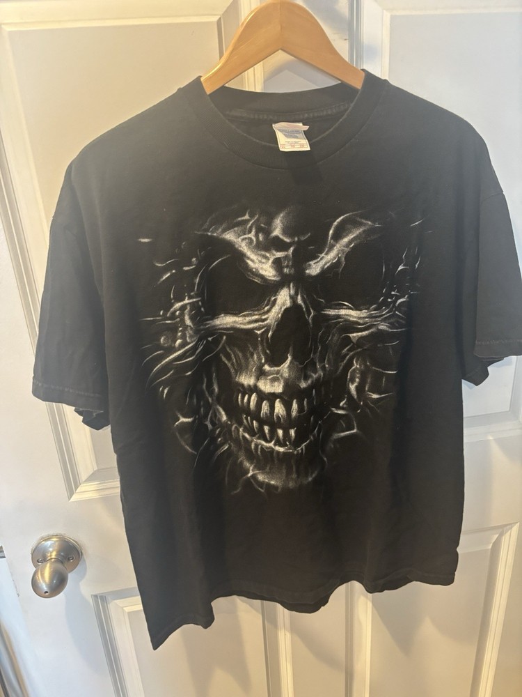 Y2K Skull Smoke Metal Horror Black T Shirt XL