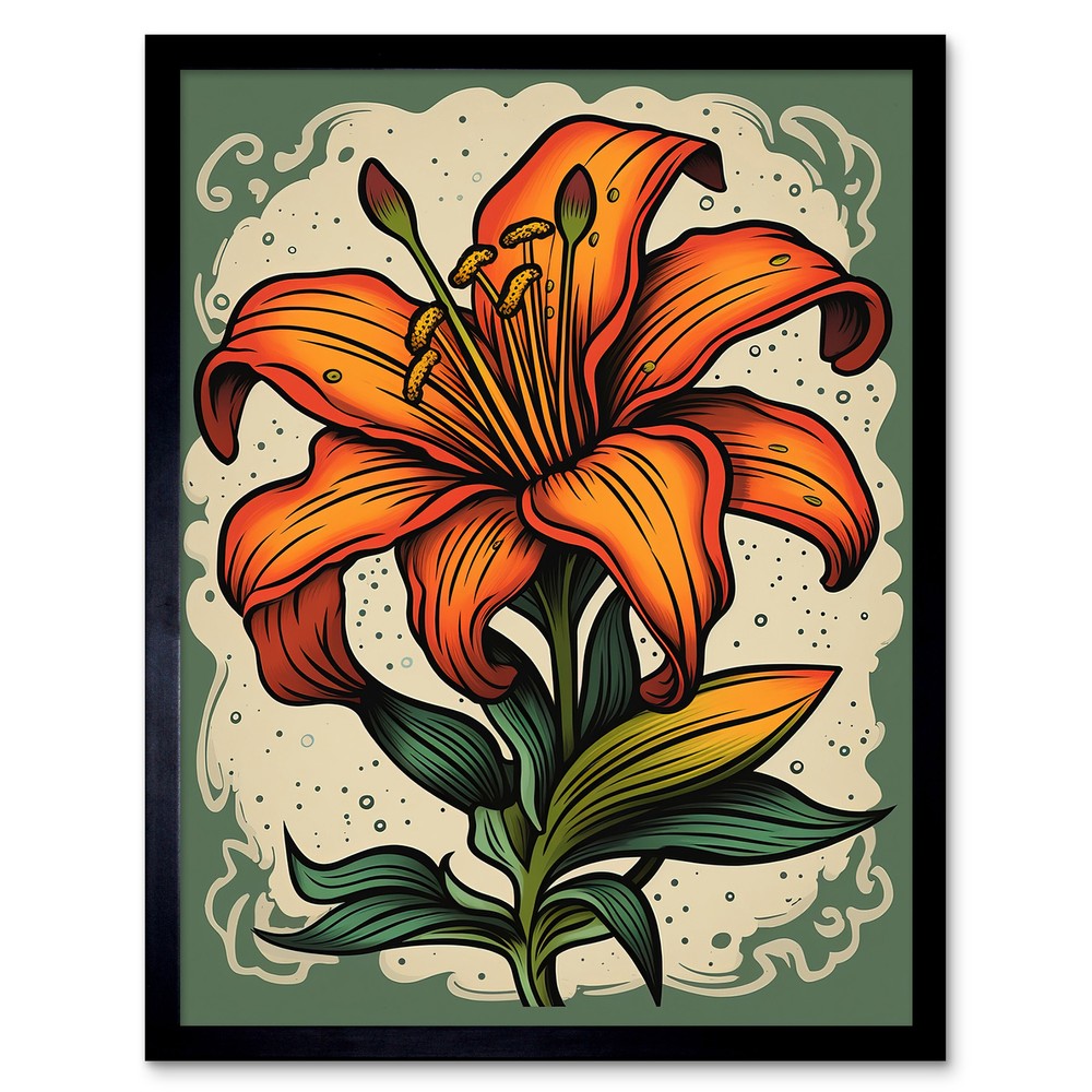 Old School USA Tattoo Orange Lily Rockabilly 50s Framed Print Wall Art 12x16