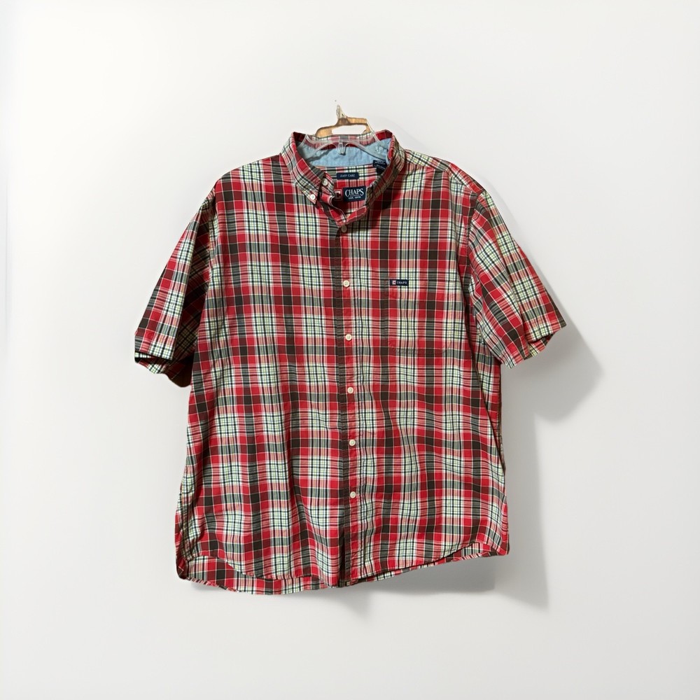 Chaps Men's Plaid Short Sleeve Easy Care Button-Down Shirt XL Red Brown
