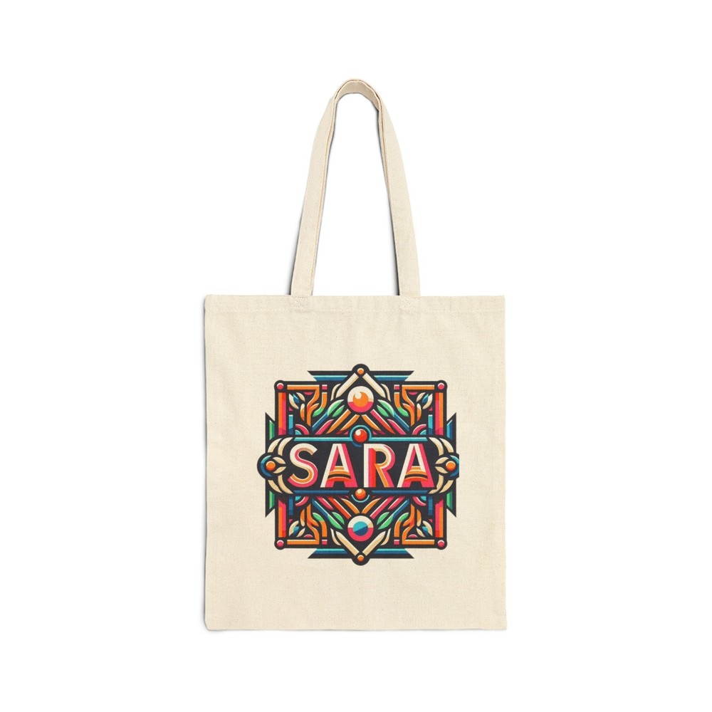 Personalized SARA Cotton Canvas Tote Bag with Colorful Art Deco Design