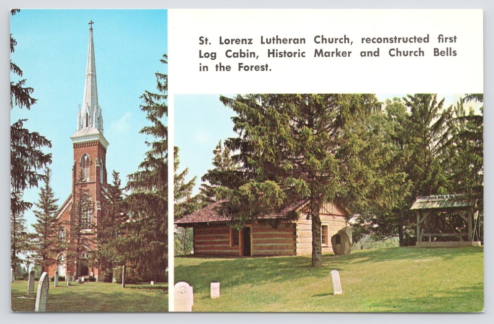 Frankenmuth Michigan~St Lorenz Lutheran Church~Cemetery~Log Cabin~1977 Postcard