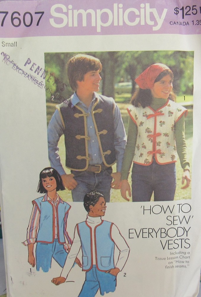 Vintage 70s Simplicity 7607 EASY How to Sew EVERYBODY VESTS Unisex S Pattern UNC