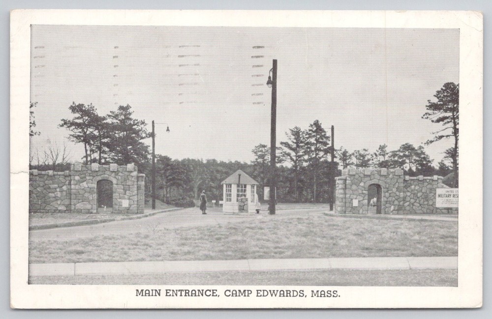 Main Entrance Camp Edwards Mass. WWII Military Postcard 1940s