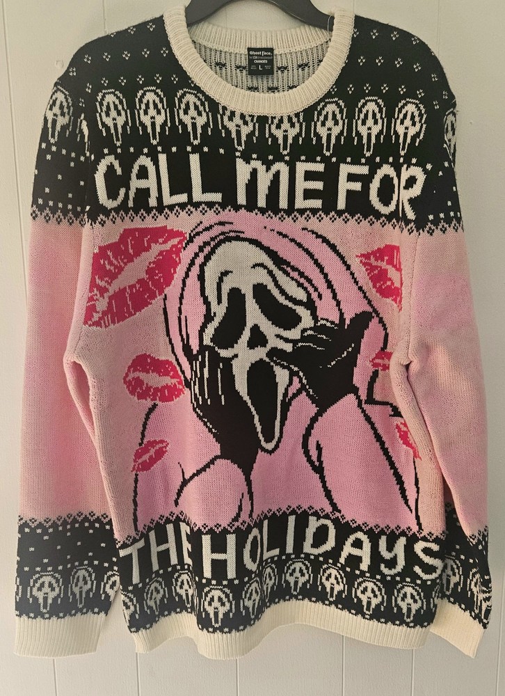 Ghostface Ugly Christmas Sweater Call Me For Holidays Pink Large  