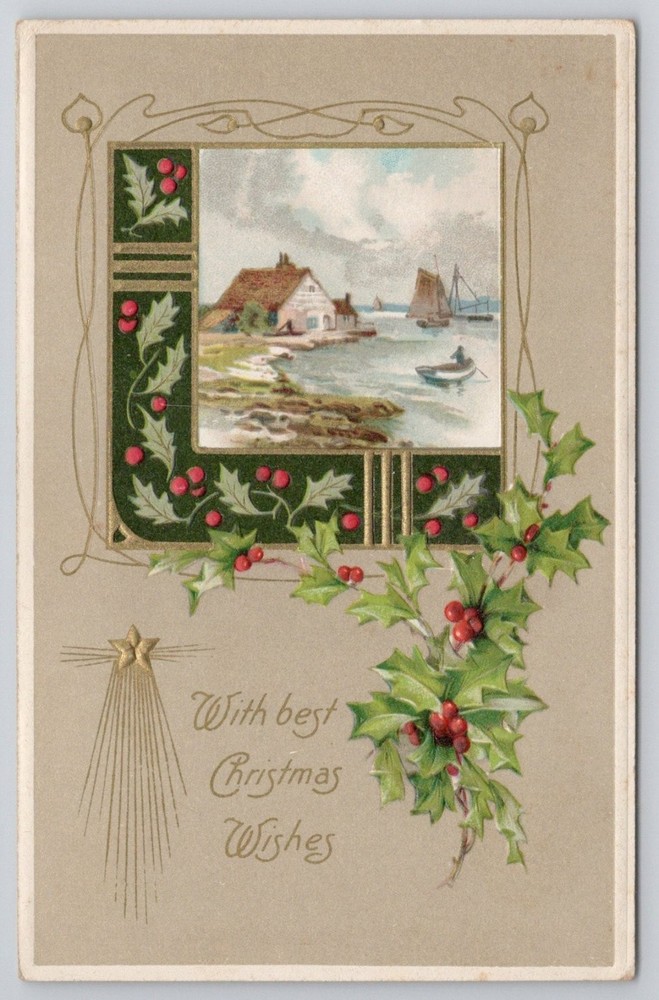 Vintage Christmas Postcard Coastal Scene Holly Embossed 
