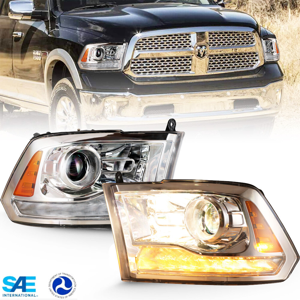 For 09-18 Dodge Ram 1500 2500 3500 Pair Headlights Chrome LED DRL Projector Lamp