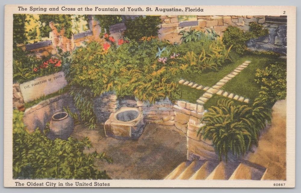 St Augustine Florida~Fountain of Youth~Spring & Cross~Linen Vintage Postcard