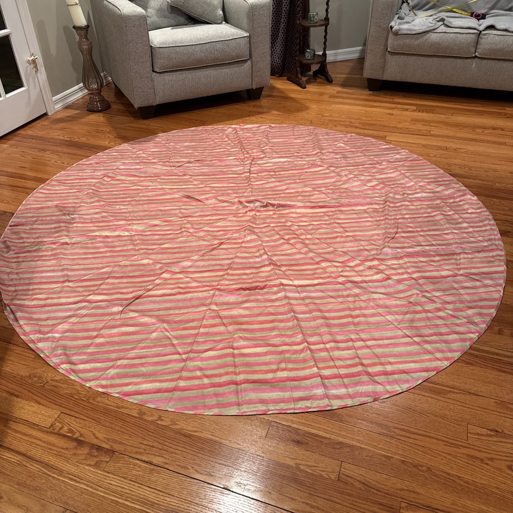 Retired Mackenzie Childs 90”Tulip Check Stripe Round Tablecloth Fabric Rare