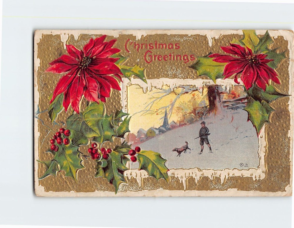 Postcard Christmas Greetings Winter Scene Poinsettias Art Print Embossed Card