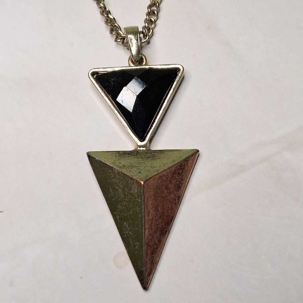 Geometric Triangle Necklace Black Stone Silver Tone Layered Chain Vintage 36