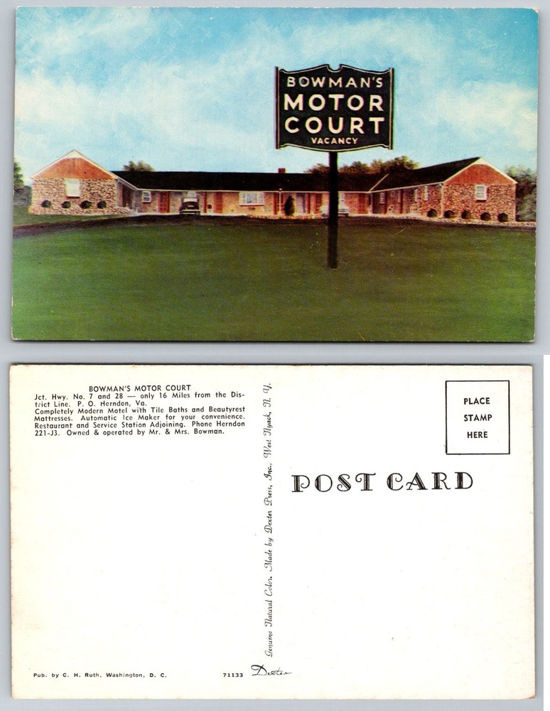 Vintage Bowman's Motor Court Herndon VA Postcard Dexter Press Chrome Motel