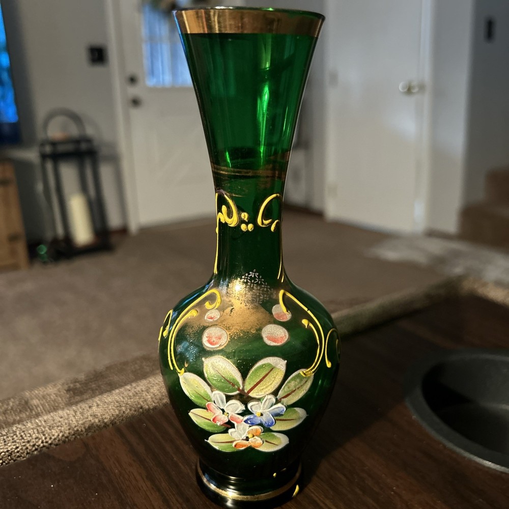 Vntg Emerald Green Hand Painted Enamel Bohemian Czech Bud Vase 7