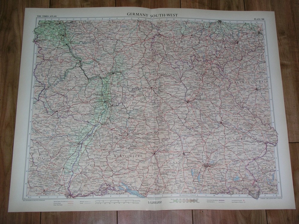 1955 Vintage Map Of Southern Germany Bavaria Bayern / Scale 1:1,000,000