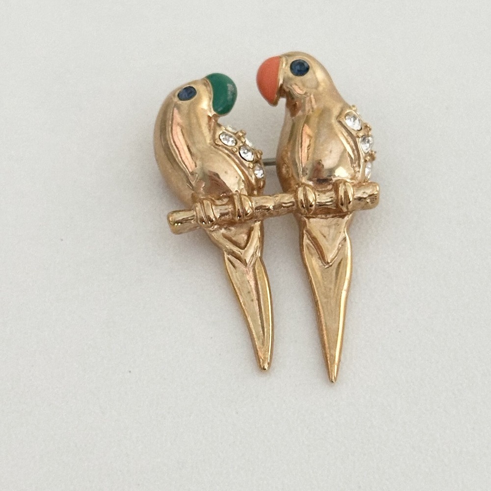 Vintage Krementz Enamel Parrots Birds Rhinestone Gold Tone Brooch Pin