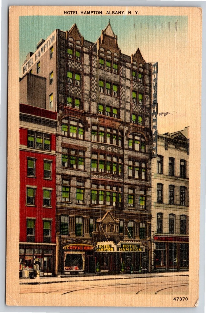 Albany New York~Hotel Hampton Bldg Street View~PM 1946~Vintage Linen Postcard