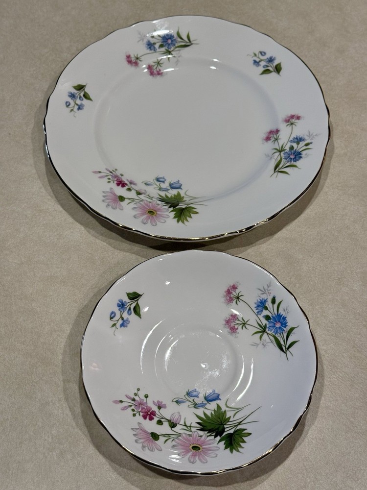 Royal Doulton Wildflower Bone China Plate & Bowl Set White Floral Gold Trim