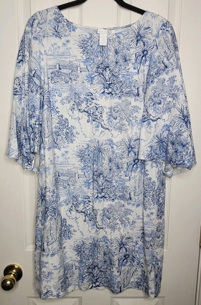 H&M Women's Shift Dress Toile Blue White Linen Blend 3/4 Sleeve Sz M Coastal