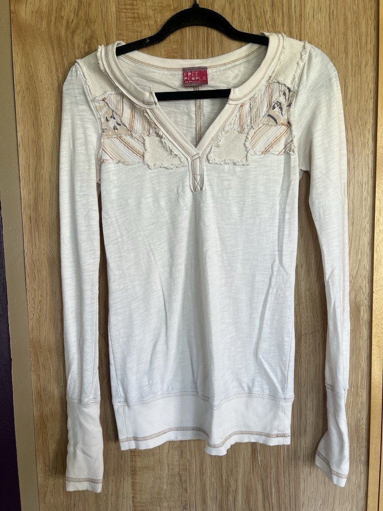 Free People Women’s Cuff Thermal Shirt Size Xs Scoop Neck Patchwork Boho Casual