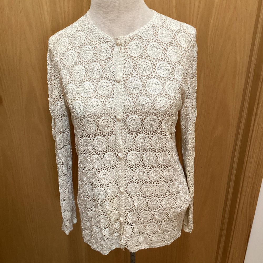 Vintage Fine Hand Crochet Lace Button Up Top / Sweater Ivory Color Wedding