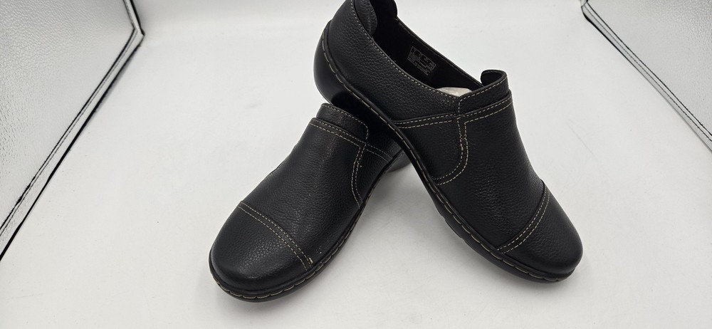 Clarks Collection Shoes Womens Size 5.5 Black Leather Slip On Clog Comfort
