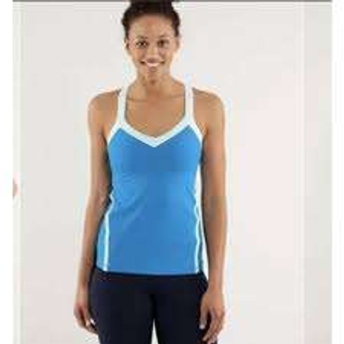 Lululemon Blue White Cross Back Athletic Tank Top V-Neck Built-In Bra Womens