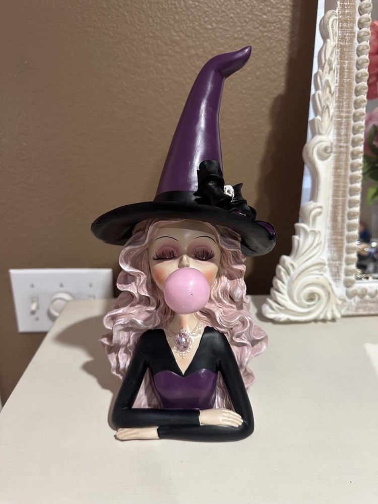 12-Inch Whimsical Halloween Witch Blowing Bubble Gum with Skull and Bow Decor
