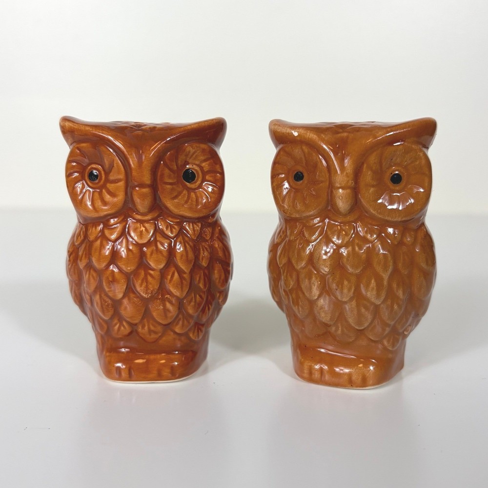 Vintage Ceramic  70's Owl Salt And Pepper Shaker Set Brown