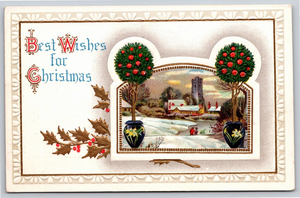 Christmas~Calligraphy~Folks Skate On Icy Lake~Twin Potted Trees~Gold~Emb~Vtg PC