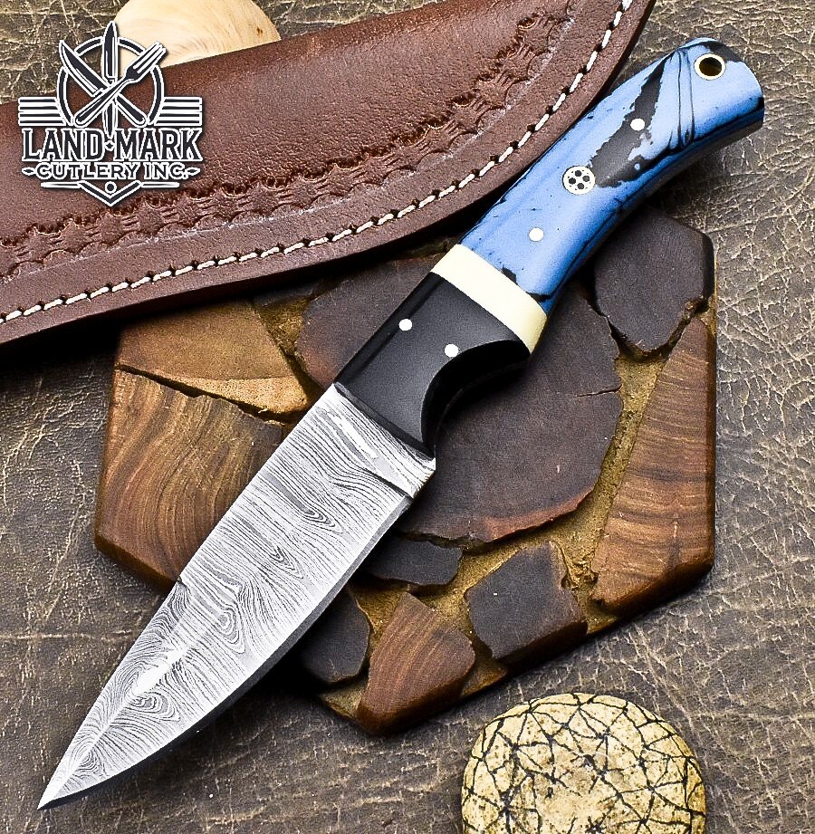 Damascus Steel Hunting Skinner Knife with Sky Blue Swirl Resin Handle