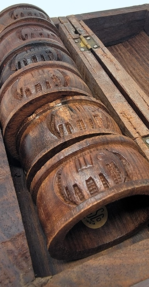 Vintage Hand Carved Wooden Elephant Napkin Rings Set of 6 With Wooden Box