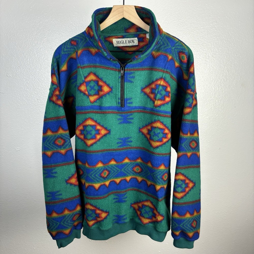 Vintage Bugle Boy Fleece Jacket Size Large Colorful Tribal Aztec Quarter Zip AOP