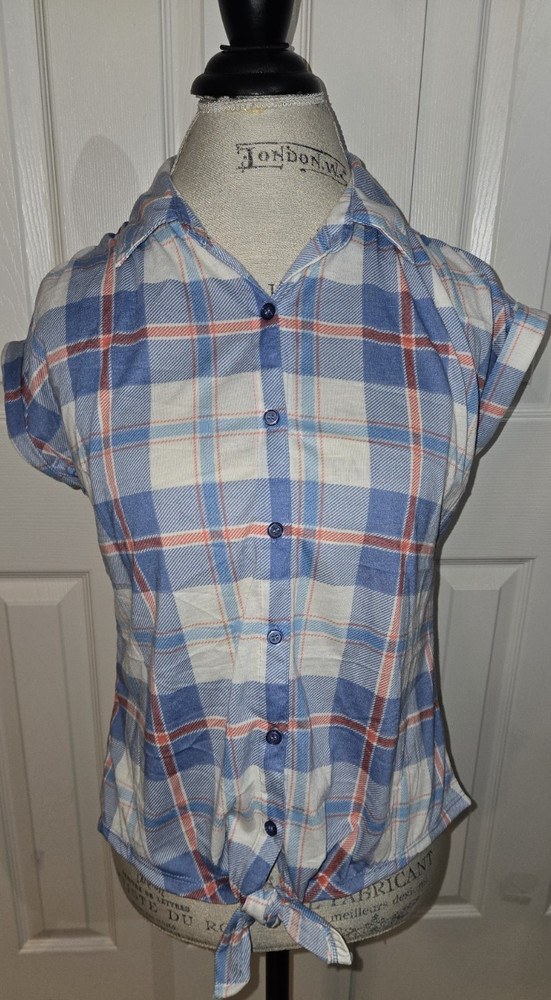 New York Laundry Blue Red White Plaid Button-Down Shirt S Tie Front Short Sleeve