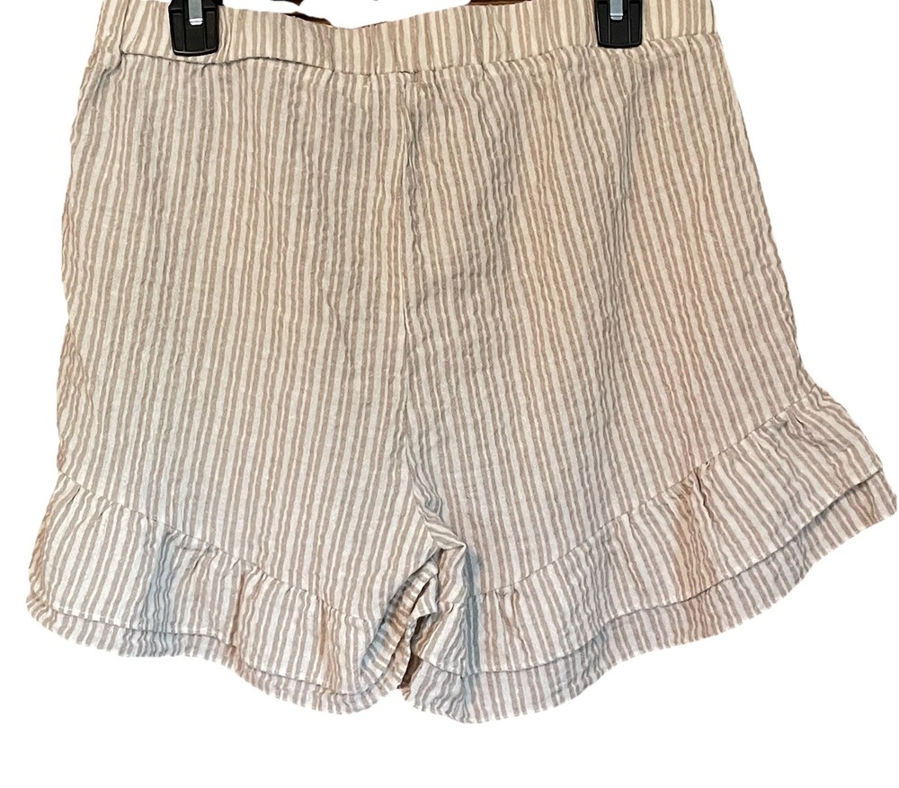 UMGEE Breezy Linen Blend Elastic Waist Ruffle Hem Shorts L Cream beige Striped