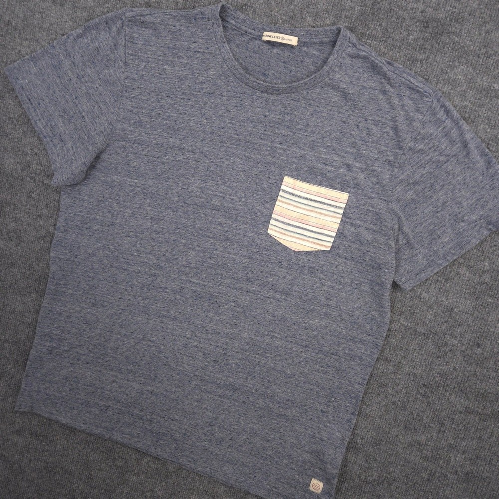 Marine Layer T Shirt Mens L Navy Blue Heather Re-Spun Front Pocket Crewneck Tee