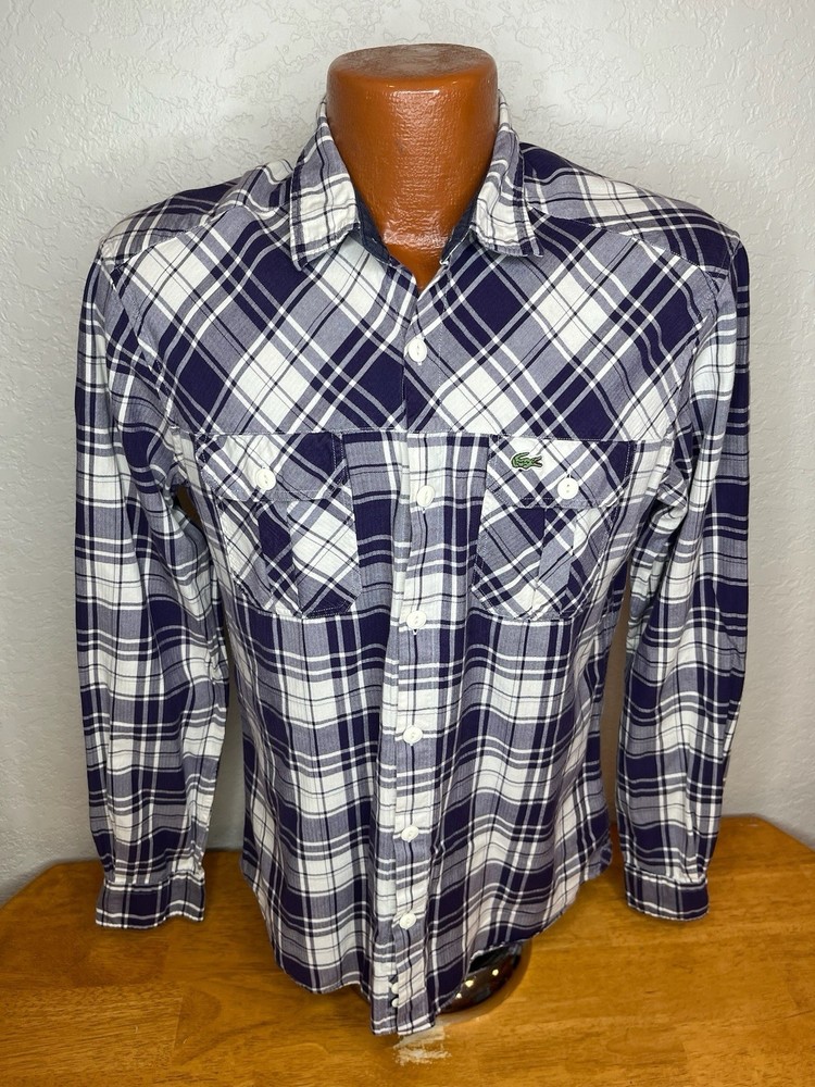 Men's Lacoste Gator L/S Button Front Shirt 40 - Medium M - Slim Fit - Plaid
