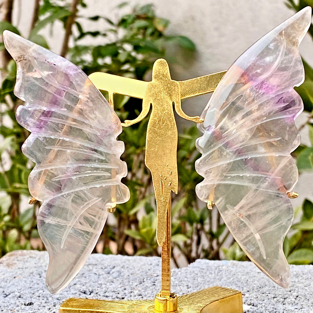 81g Natural Crystal Fluorite Butterfly Wings Healing Statue Decor + Stand