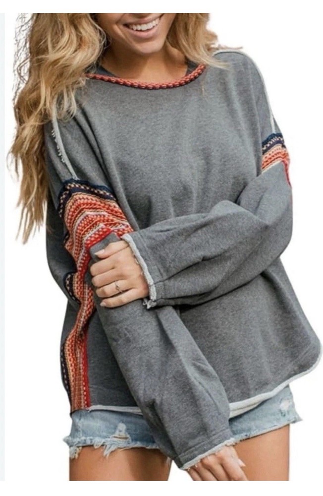 NWT Natural Life Knit Trim Oversized Sweatshirt Size S/M grey Boho Hippie