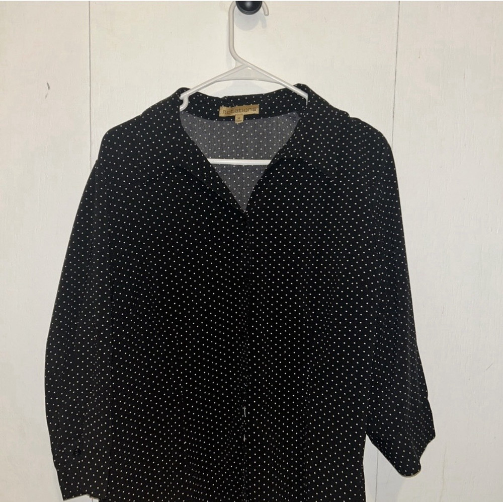 Notations Black White Polka Dot Collared 3/4 Sleeve Button-Up Women's Top XL