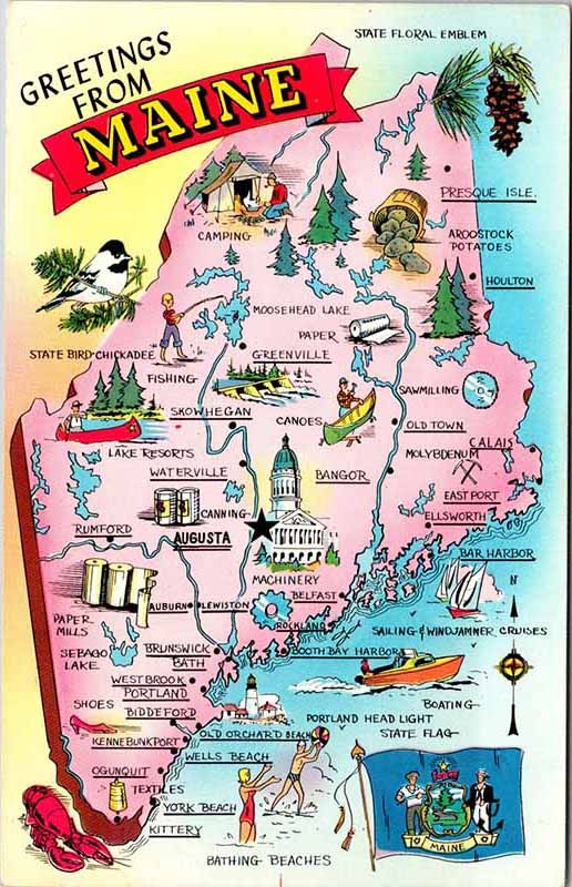 Postcard MAP SCENE State of Maine ME AO2955
