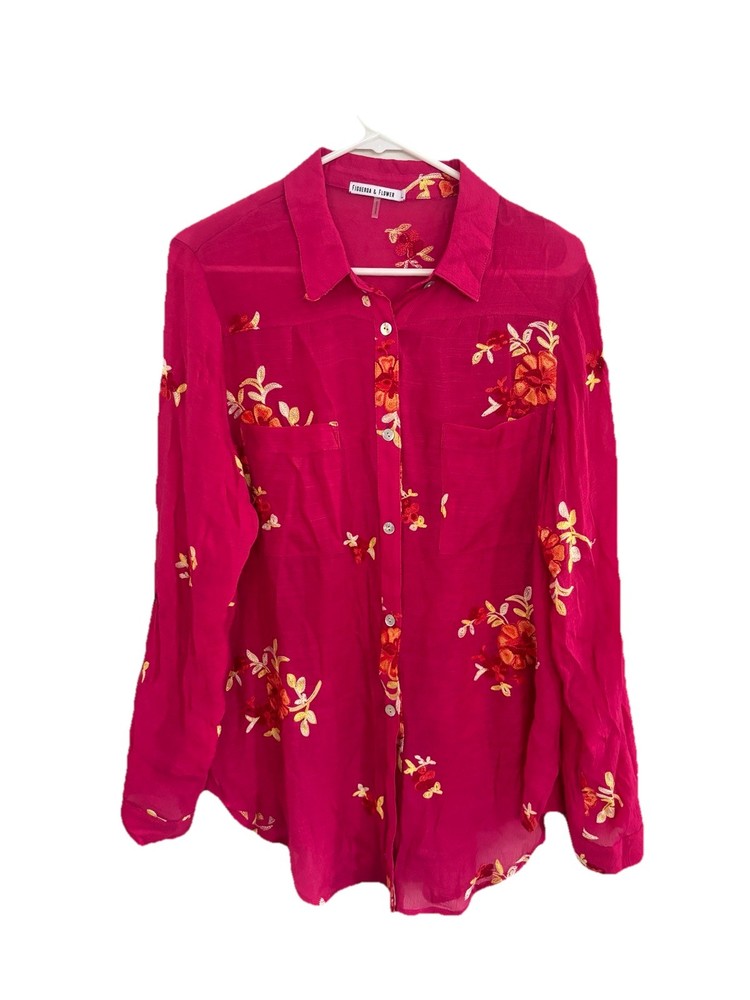Figueroa And Flower Anthropologie Top Womens Large Pink Floral Embroidered Boho