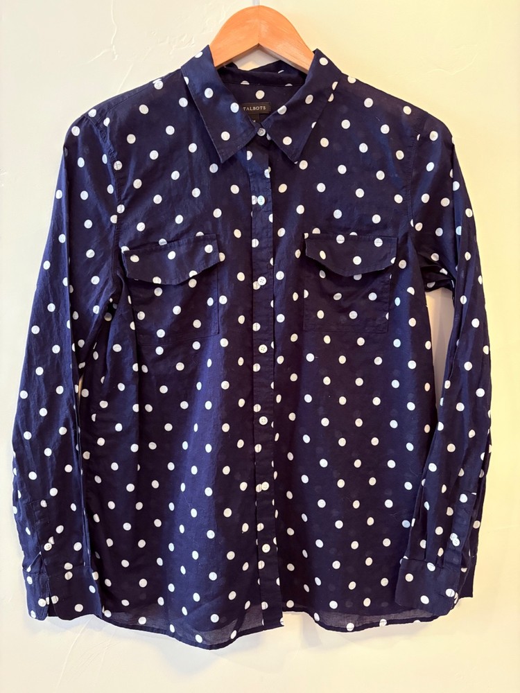 Talbots Shirt Womens Medium Petite Blue Polka Dot Button Up Long Sleeve Cotton