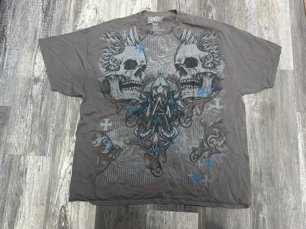 Vintage MMA Elite T-shirt Y2K Grunge Size 2XL Skater Goth Emo Front Back Skull